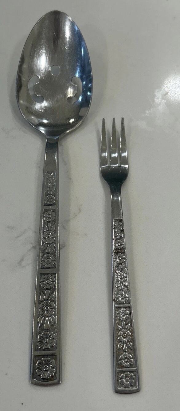 Imperial SERTA Pierced Serving Spoon & Small‎ Fork Floral Stainless Flatware